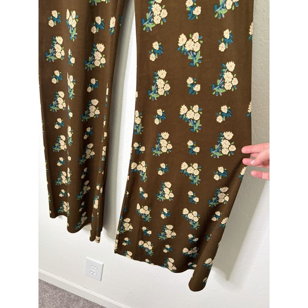 Natural Life Olive Brown Floral Wide Leg Pants Size Medium Boho Chic, 70s Retro - Picture 2 of 5